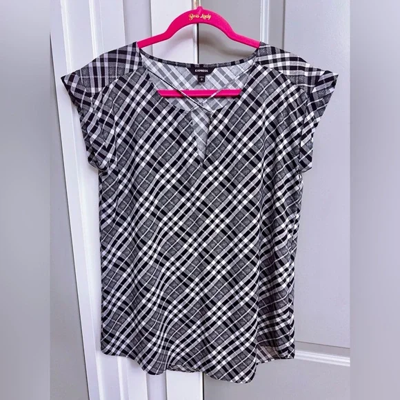 Express Plaid Criss-Cross Neckline Flutter Sleeve Blouse Size Medium - Picture 3 of 5